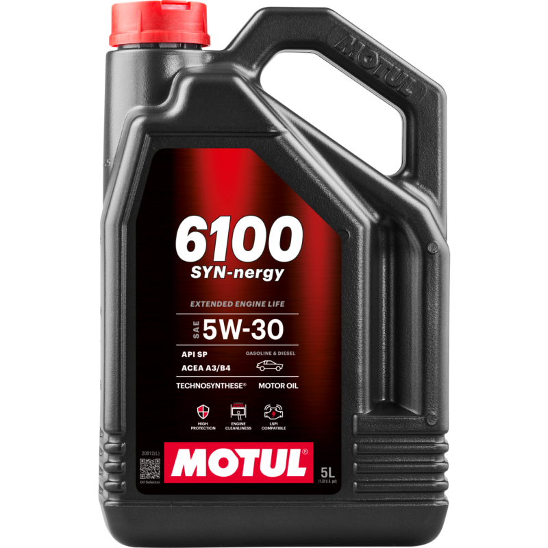 Motul Technosynthese 5L engine oil container, 5W30 synthetic motor oil for VW and Mercedes-Benz vehicles.