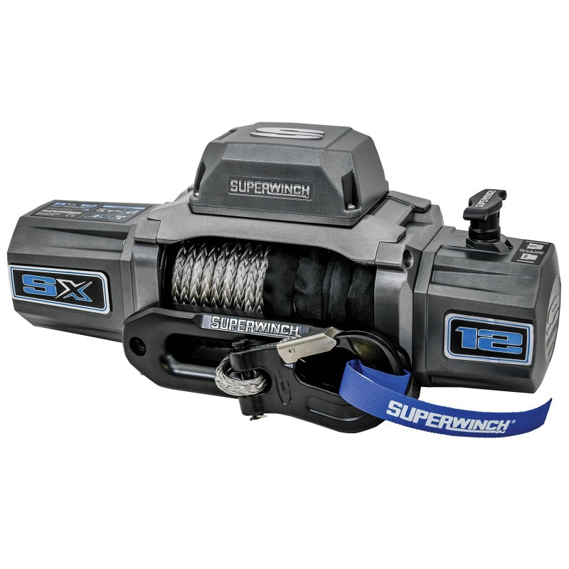 Superwinch 12000 LBS 12V DC winch with 3/8in x 80ft synthetic rope and graphite finish, designed for heavy-duty towing and recovery.