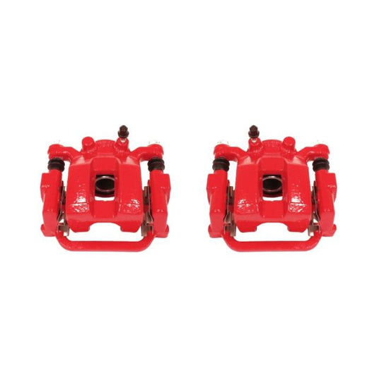 Pair of PowerStop rear red brake calipers with brackets for Infiniti FX35 (2003-2008) shown on a vehicle.