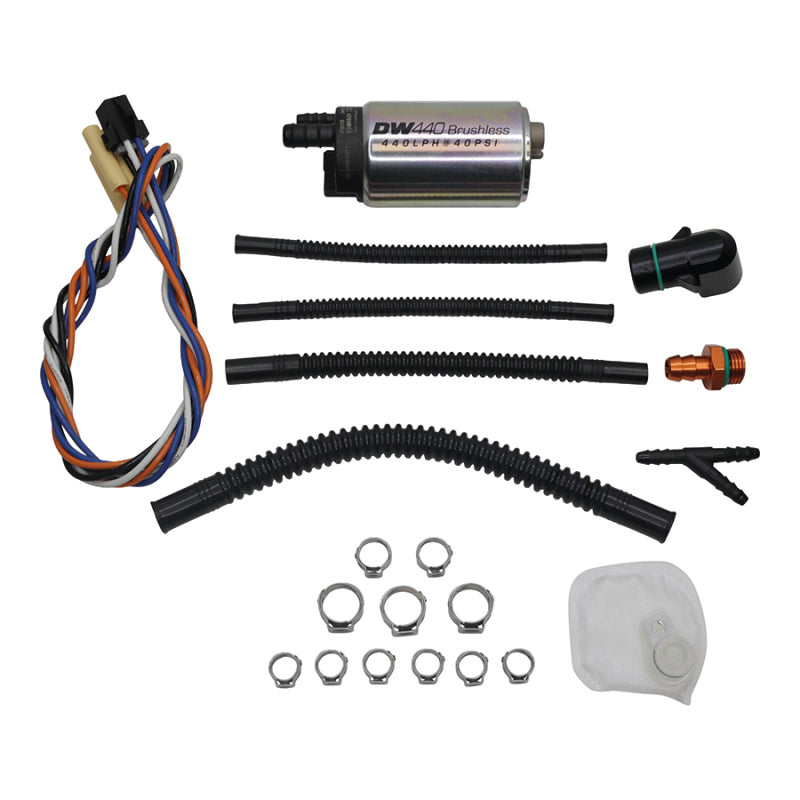 DeatschWerks 2020+ Toyota Supra A90 DW440 brushless in-tank fuel pump with installation kit, shown with pump components and wiring