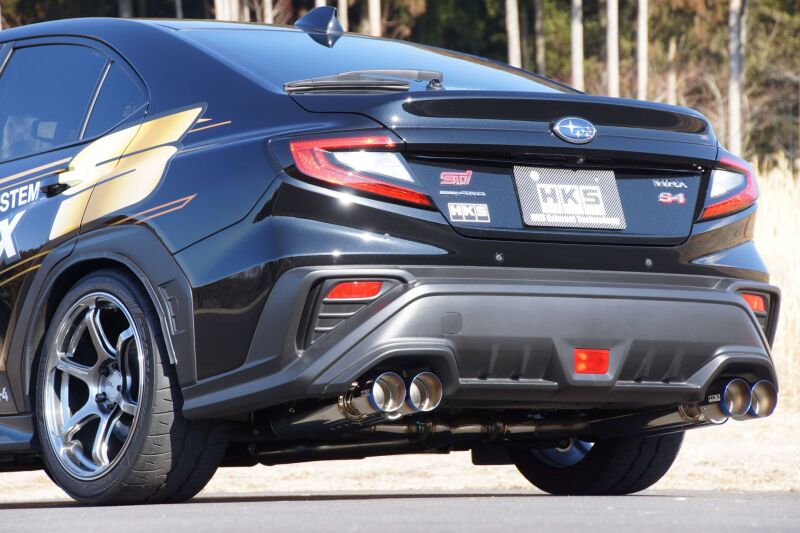 HKS Legamax Sport catback exhaust system for 2021 Subaru WRX showing polished stainless steel muffler and exhaust pipes.