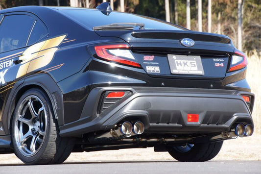 HKS Legamax Sport catback exhaust system for 2021 Subaru WRX showing polished stainless steel muffler and exhaust pipes.