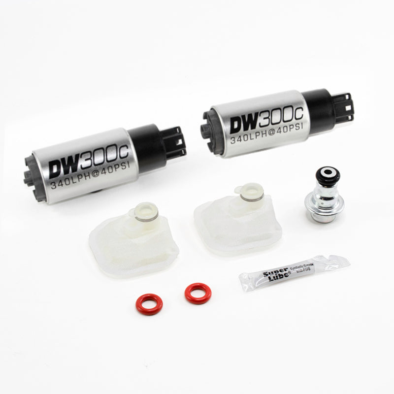 DeatschWerks DW300c in-tank fuel pumps for 2009-2015 Cadillac CTS-V, with installation kit and dual 340 LPH capacity.