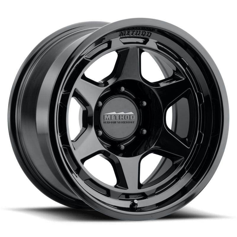 Method MR708 17x9 gloss black cast wheel with -38mm offset, 6x5.5 bolt pattern, and 106.25mm bore for cars.