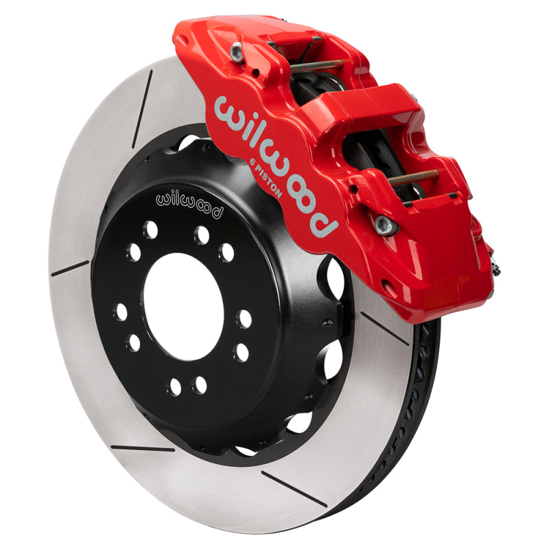 Wilwood Ford Mustang II Aero6 front big brake kit with 14-inch slotted rotor in red for enhanced stopping power and performance.