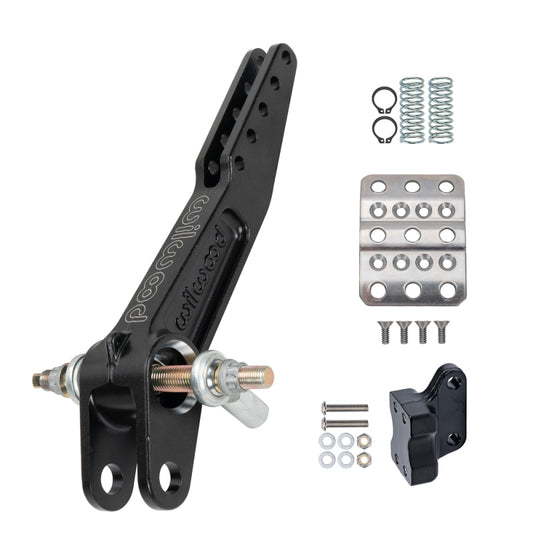 Wilwood dual brake pedal kit with adjustable ratio 5.25-6:1, featuring trunnion mounting for upgraded vehicle braking system.