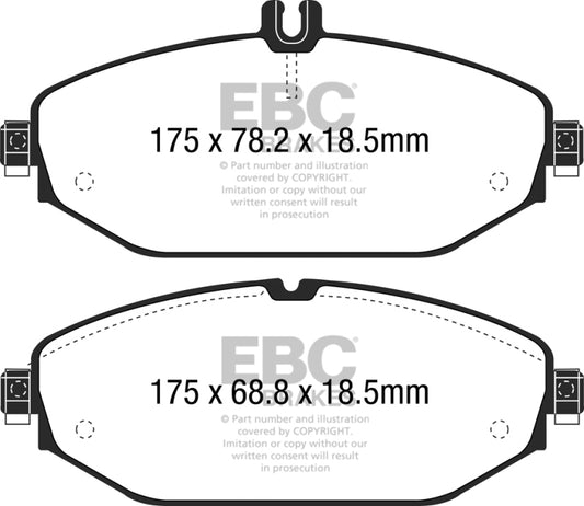 EBC 15+ Mercedes-Benz C300 W205 2.0 Turbo front brake pads OE style Ultimax2, showing the new brake pad design and metal backing