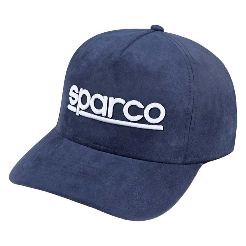 Navy Sparco suede cap, stylish headwear with curved brim and adjustable strap, featuring SPARCO branding.