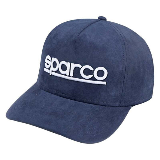 Navy Sparco suede cap, stylish headwear with curved brim and adjustable strap, featuring SPARCO branding.