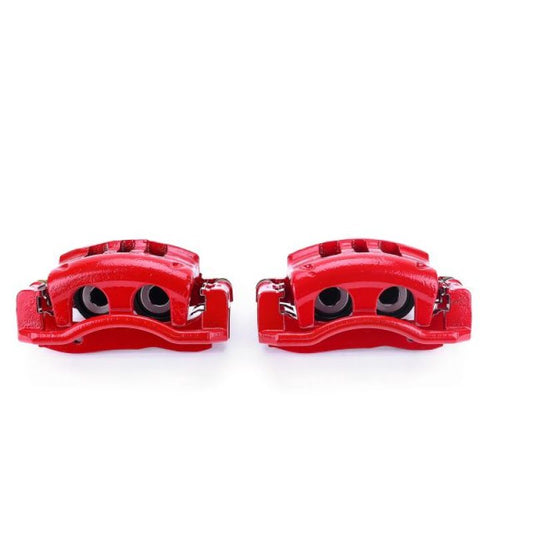 Pair of PowerStop red front brake calipers with brackets for Ford Crown Victoria 2003-2011, performance automotive brake parts.