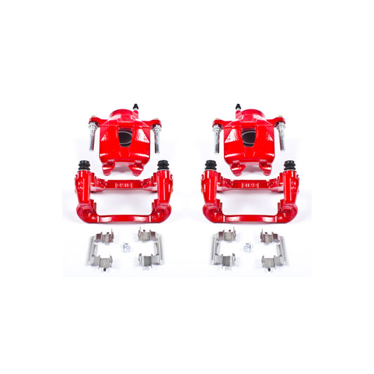 PowerStop front red brake calipers with brackets for 2005-2010 Scion tC, performance brake caliper pair with visible mounting brackets.