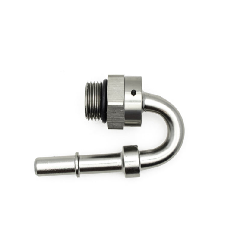 DeatschWerks 8AN ORB male to 3/8 inch male EFI quick connect adapter in matte black for fuel system connections.