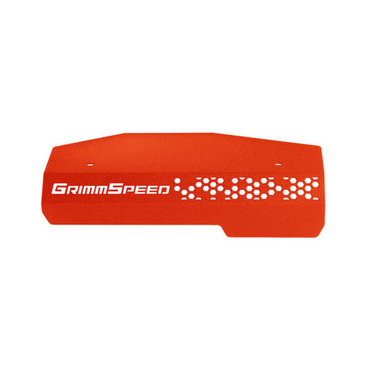 Red GrimmSpeed engine pulley cover for 2022+ Subaru WRX, showcasing a sleek, durable automotive engine component.