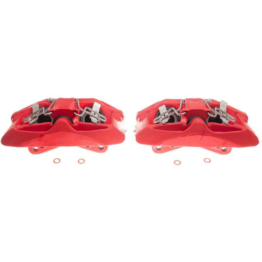 Pair of PowerStop red front brake calipers with brackets for 2003-2004 Audi A6, performance replacement brake calipers.