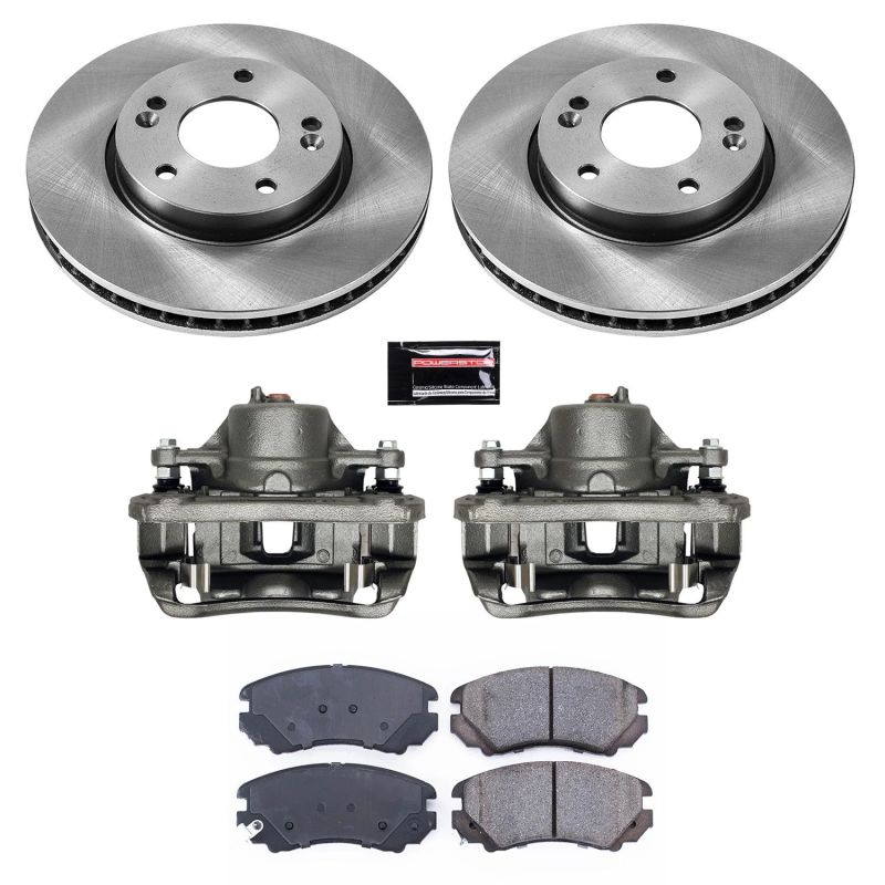 PowerStop OE front brake kit with calipers for 2010-2011 Kia Soul, including rotors and brake components.