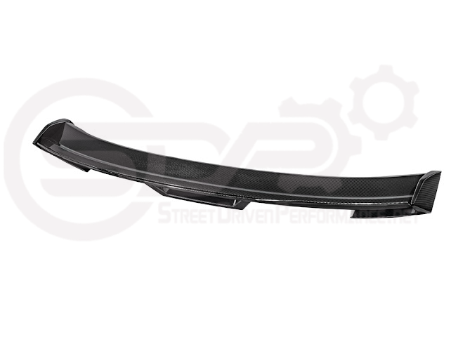 Ford Mustang Dark Horse style carbon fiber rear wickerbill spoiler wing for 2015-2023, showcasing sleek aerodynamic design.