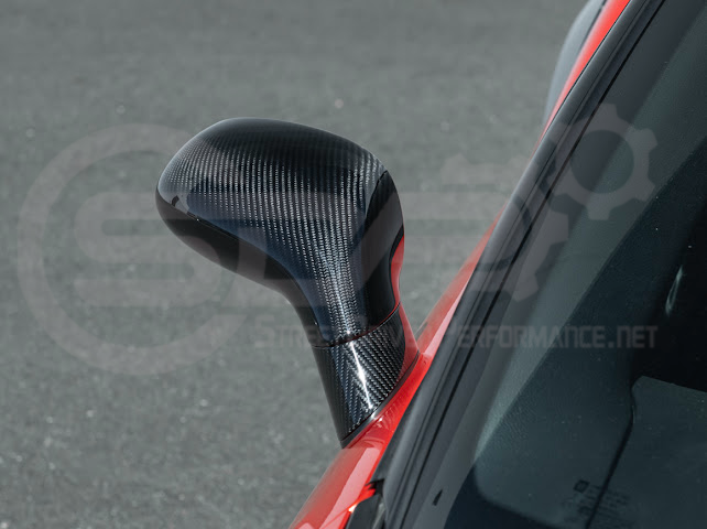 Set of four dry carbon fiber side mirror cap covers for 2005-2013 Chevy Corvette C6, tape-on style by Street Driven Performance.