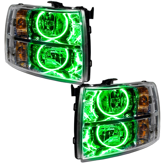 Oracle Lighting green LED halo headlights for Chevrolet Silverado 2007-2013, pre-assembled, showcasing vibrant green rings in the image.