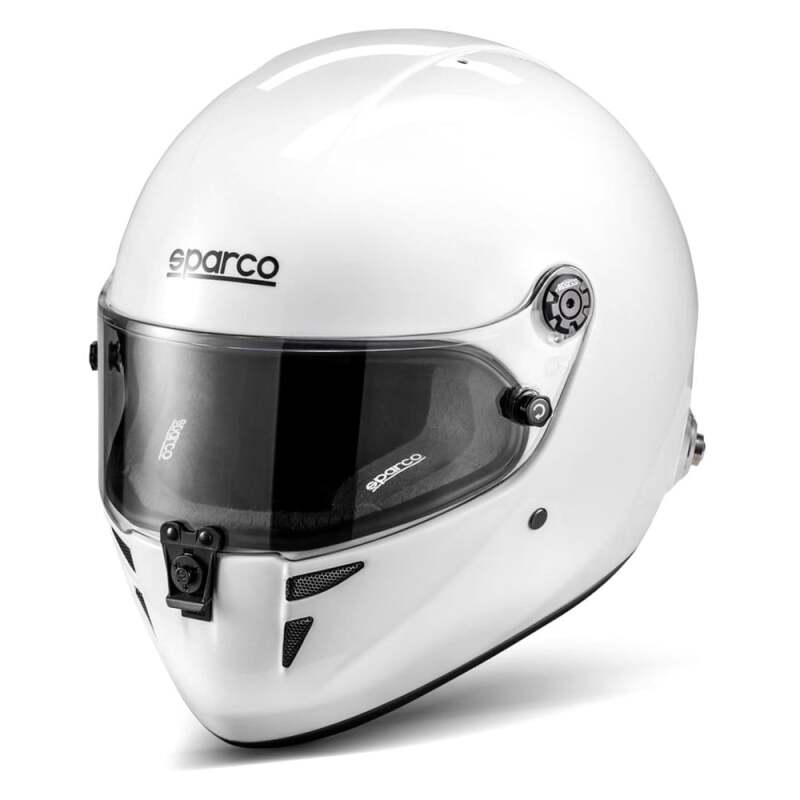 SPARCO Stealth RF racing helmet in white and black, XX large size, with aerodynamic design and secure strap.
