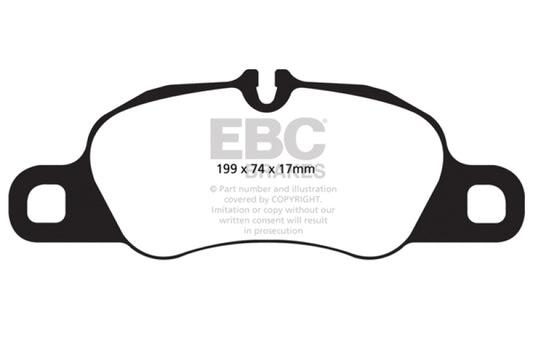 EBC performance front brake pads for Porsche 911 997 3.6 Carrera 2, featuring red brake pad friction material on cast iron rotor
