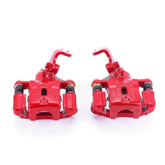 Pair of PowerStop rear red brake calipers with brackets for 2005-2006 Hyundai Elantra, performance brake calipers, front view