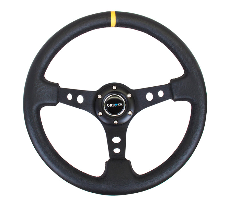 NRG reinforced 350mm black leather steering wheel with cutout spoke and yellow center mark, sports car style.