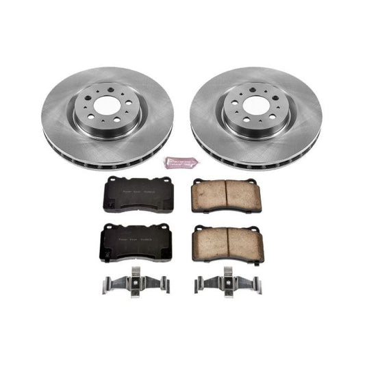 PowerStop OE front brake kit for 2004-2007 Volvo S60, including brake pads and rotors, installed on vehicle front axle.