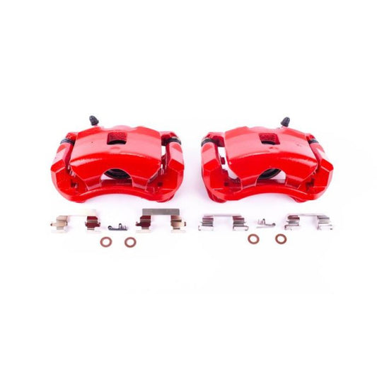 Pair of PowerStop front red brake calipers with brackets for 2007-2010 Chevrolet Cobalt, performance brake calipers for improved stopping power.