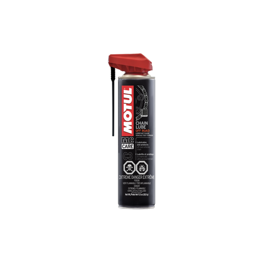 Motul C3 Chain Lube Off Road aerosol can of grease and lubricant for motorcycle chains, black and red packaging.