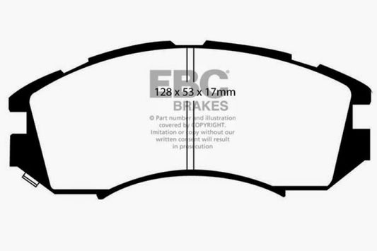 EBC Greenstuff front brake pads for 1992-1996 Subaru Impreza 1.8 2WD, 13-inch performance brake pads in packaging.