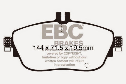 EBC 13+ Mercedes-Benz CLA250 front brake pads, performance Redstuff series, showing red ceramic friction material and metal backing
