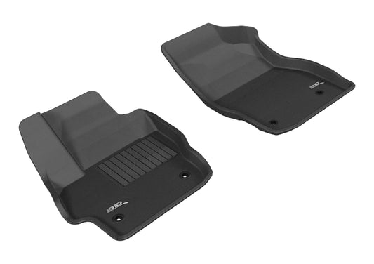 Black 3D MAXpider Mazda3 2010-2013 Kagu 1st row rubber floor mats showing textured surface and custom fit for vehicle interior.