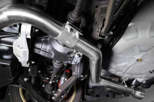 Perrin Performance 22-26 Subaru WRX single exit catback exhaust system with polished stainless steel tips and piping.
