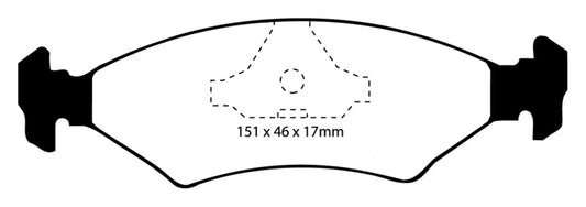 EBC Redstuff rear brake pads for Ferrari 328 3.2, high-performance brake pads with red friction material, mounted on brake caliper.