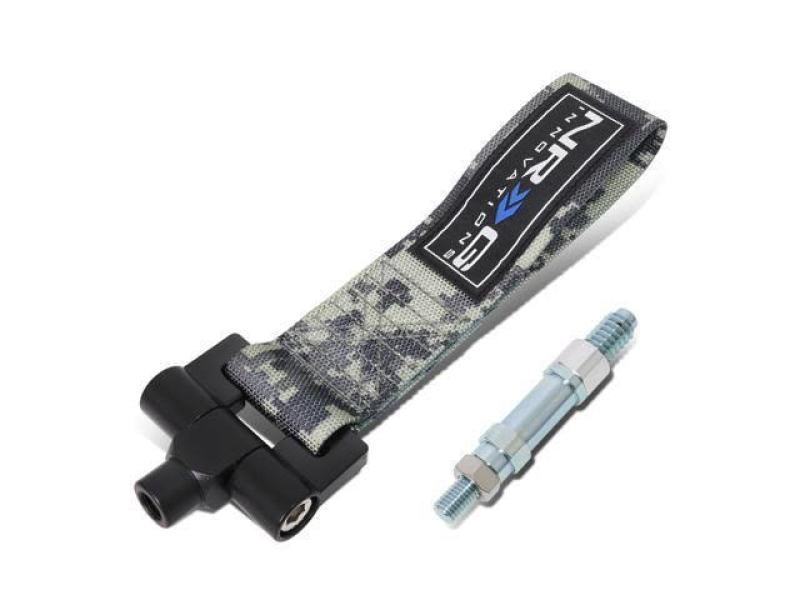 NRG Bolt-In Tow Strap in digital camo for Subaru WRX STI 02-07, 5000lb capacity, mounted on tow hook for off-road recovery.