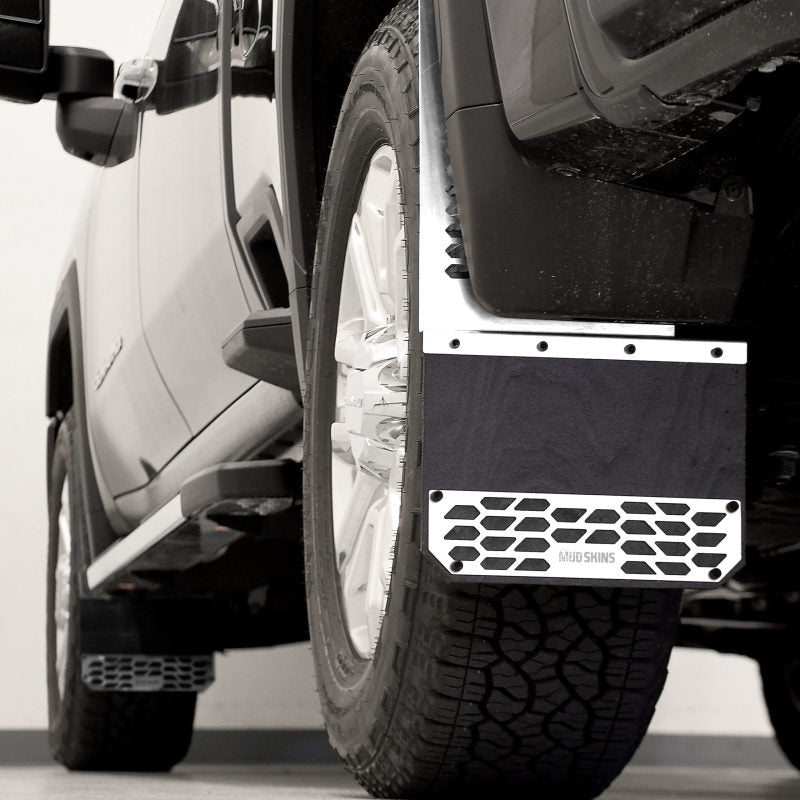 Putco polished stainless steel mud flaps with hex shield for 2020 Chevy Silverado/Sierra HD front and rear, set of two.