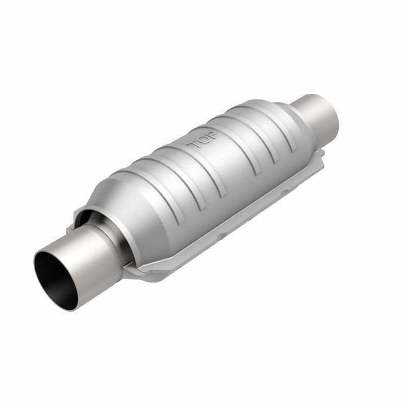 MagnaFlow universal catalytic converter with 2-inch inlet and outlet, 11-inch stainless steel body, showcasing its durable construction.