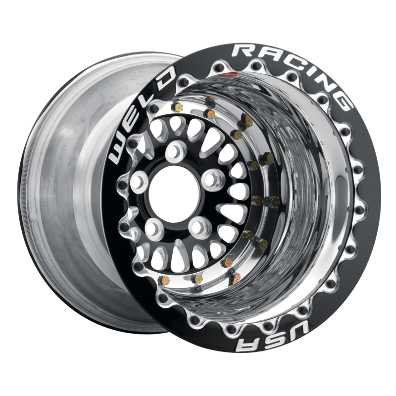 Weld Forged RPM 15x10 black center, polished shell off-road wheel with 5x4.5 bolt pattern and 3.18 inch backspacing