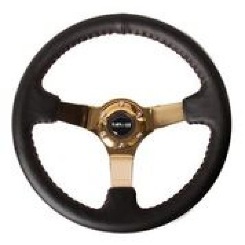 NRG reinforced 350mm black leather steering wheel with red basketball stitch and gold spoke, 3-inch deep, 4mm thick.