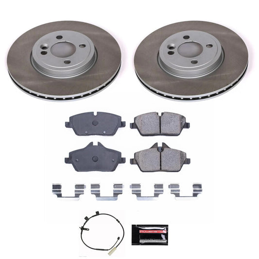 PowerStop front semi-coated brake rotor kit for 2011 Mini Cooper, performance brake kit with vented rotors and black coating.