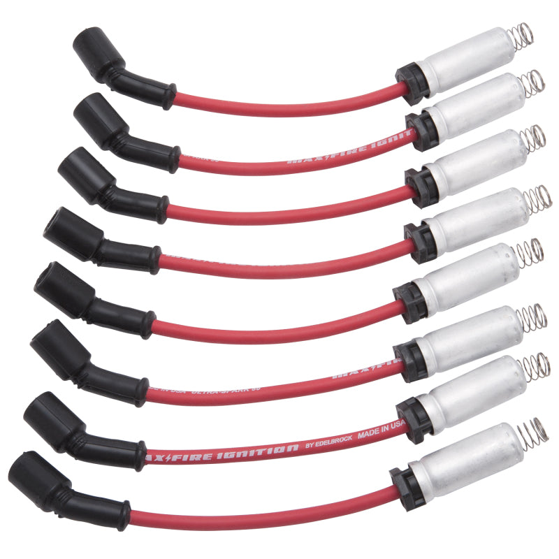 Edelbrock LS Truck spark plug wire set with red wires, metal sleeves, 50 Ohm resistance, for 1999-2015 vehicle engines.