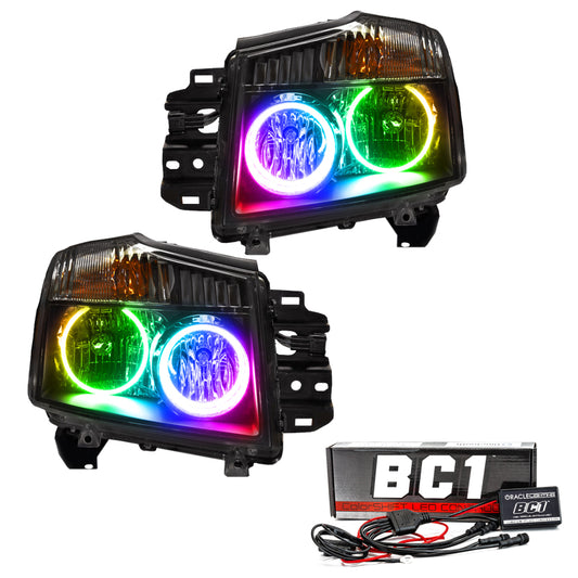 Oracle Lighting Nissan Titan 2012-2015 SMD Headlights with ColorSHIFT BC1 Controller, showing illuminated headlights with color-changing feature.