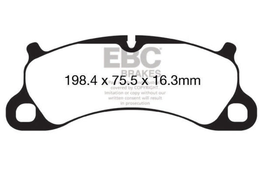 EBC performance front brake pads for Porsche 911 (991) 3.8 Carrera S, featuring red brake pad backing and cast iron rotor.
