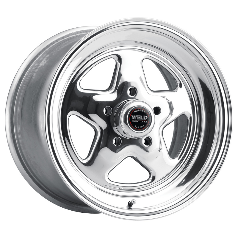 Polished Weld Prostar 15x12 forged wheel with 5x114.3 bolt pattern, 6.5 bolt spacing, and 3.18 hub bore for vehicles.