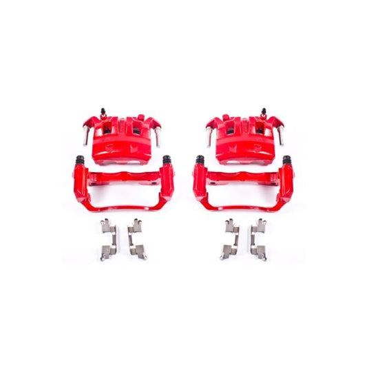Pair of PowerStop front red brake calipers with brackets for Nissan Frontier 2005-2018, performance brake calipers for enhanced stopping power.