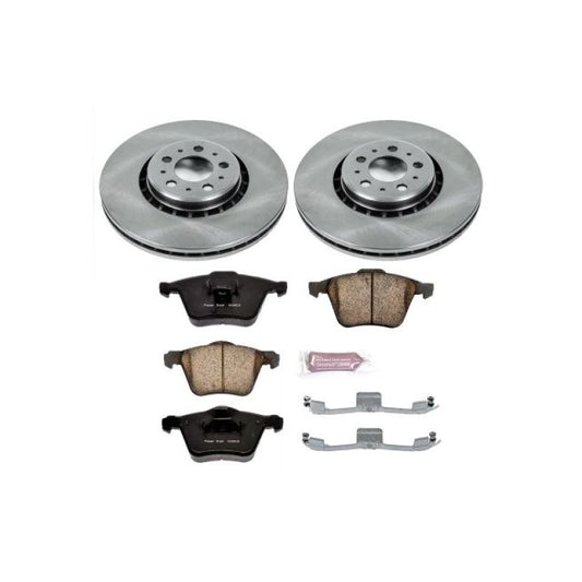 PowerStop OE brake kit for Volvo XC90 front, including brake rotors and pads, installed on a vehicle.