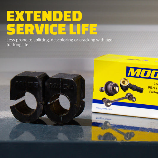 Moog sway bar bushings for 1999 Ford F-250, front to axle, front to frame, and rear to frame, shown installed on vehicle.