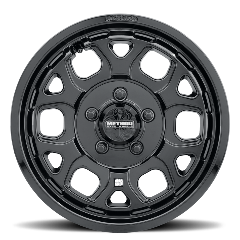 Method MR416 Bead Grip cast wheel in gloss black, 15x7 size, 6x5.5 bolt pattern, 74mm offset, 78.30mm center bore, visible from side angle