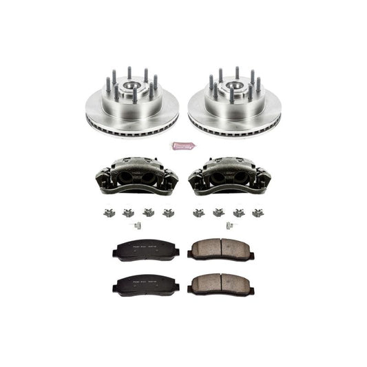 PowerStop OE brake rotors for Ford F-350 Super Duty front autospecialty kit with calipers, showing new brake rotors installed.