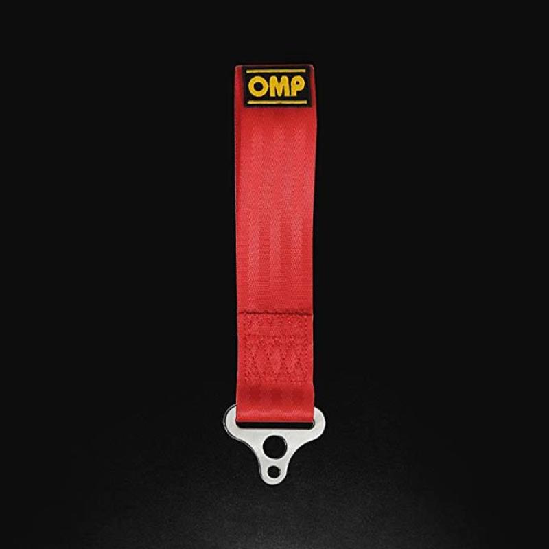 Red OMP stainless steel tow hook with 100mm internal diameter, suitable for automotive hardware applications.